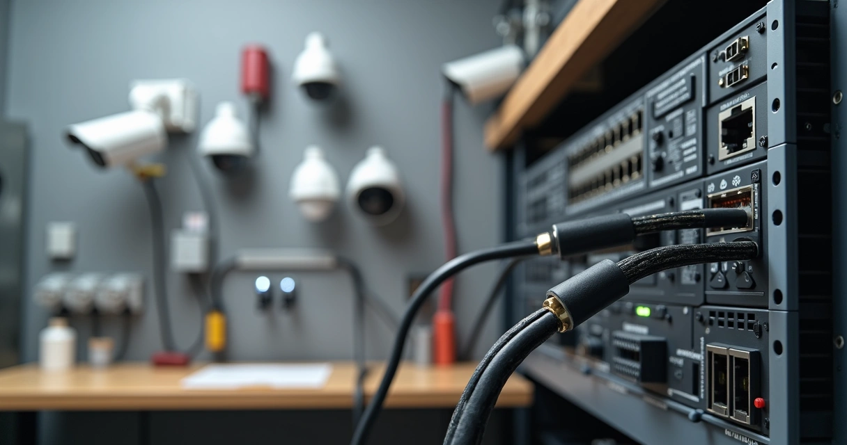 Cabo 9mm de segurança eletrônica conectado a câmeras e DVR em rack organizado 