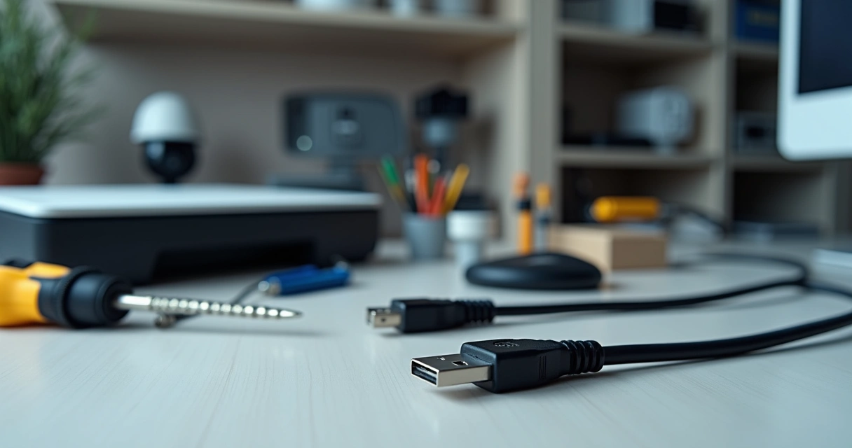 Cabo de impressora USB conectado em impressora em ambiente de instalação profissional 