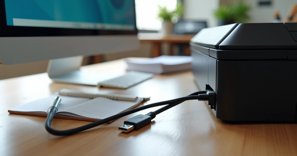 Cabo para impressora USB tipo B conectado entre computador e impressora em mesa de escritório 