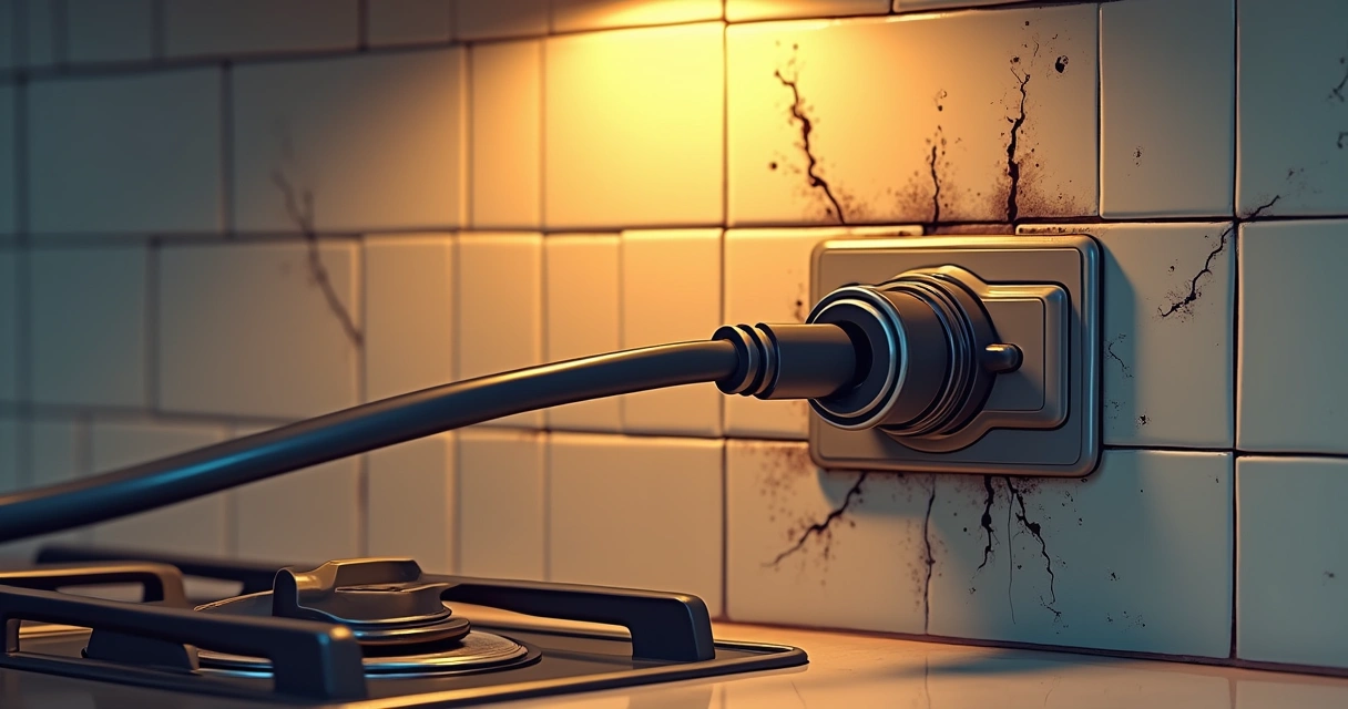 Fio elétrico queimado atrás de um eletrodoméstico na cozinha 