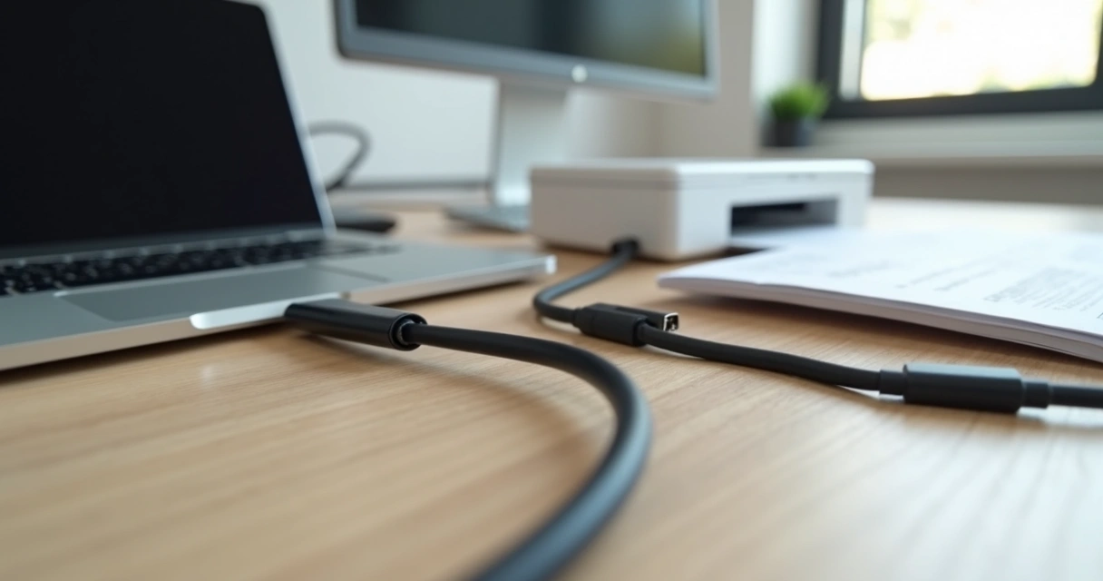 Cabo USB tipo A para B conectado a impressora em mesa de trabalho 