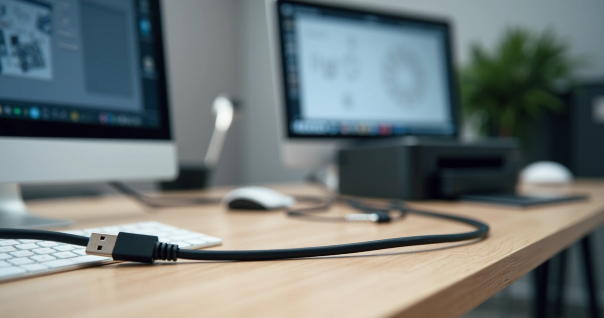 Cabo USB de impressora tipo A para B conectado a impressora em mesa de escritório 