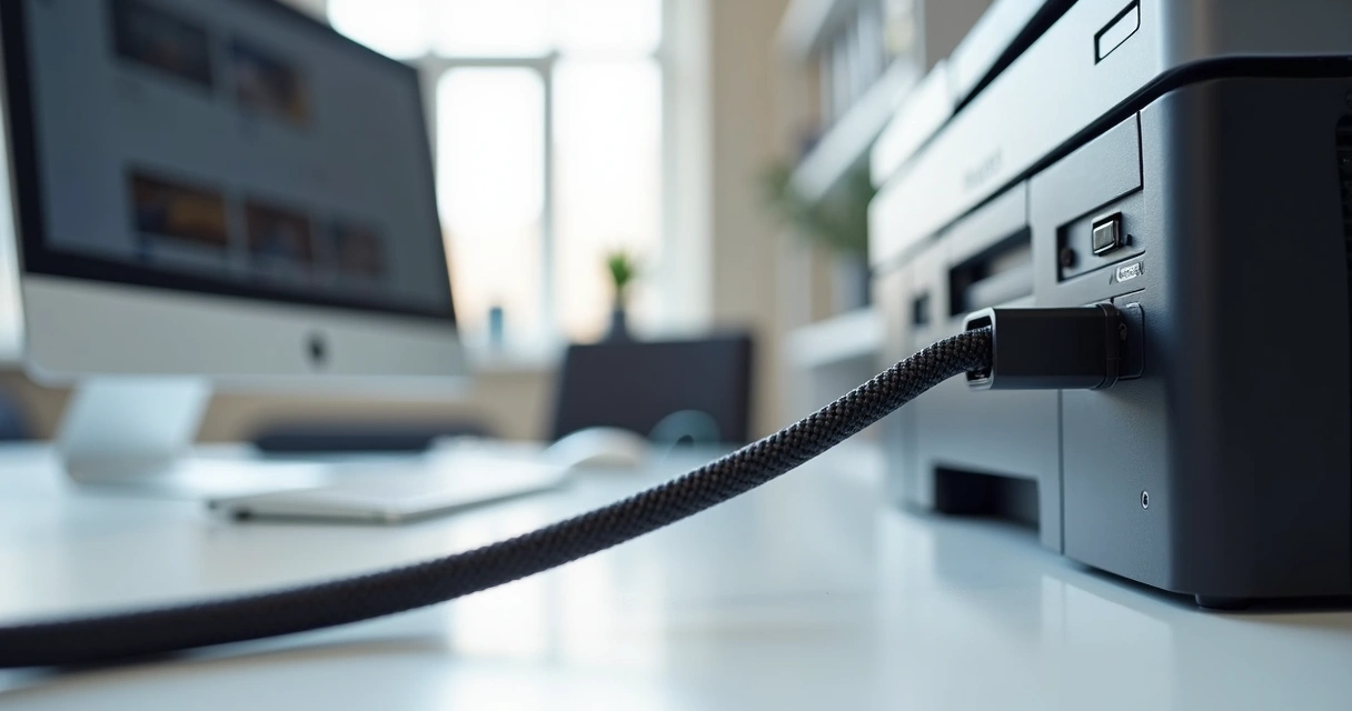 Cabo USB tipo B conectado a impressora profissional em ambiente corporativo 