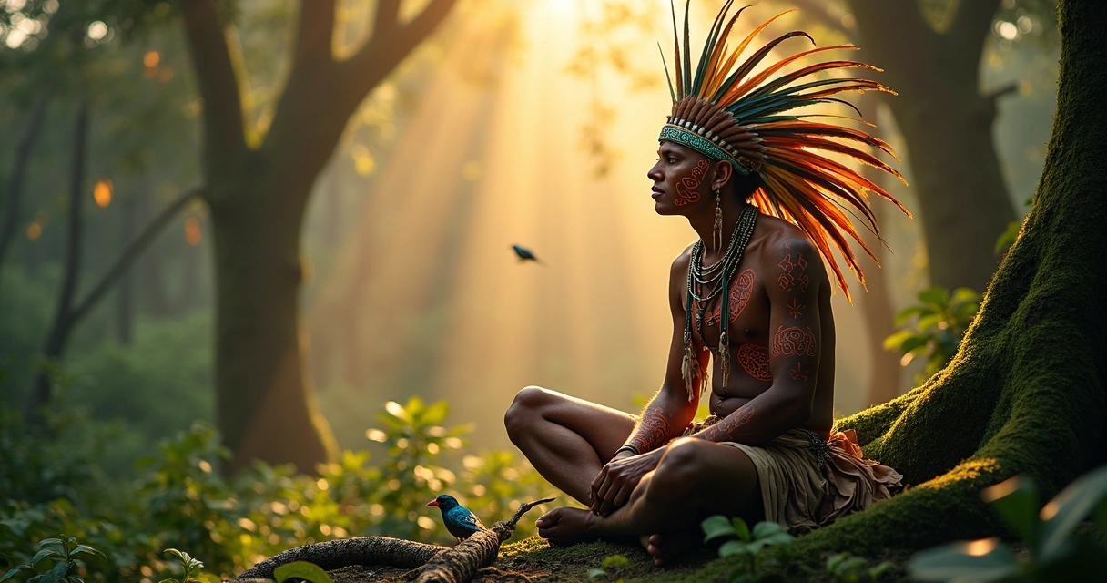 Guia espiritual representado por um índio com pintura de cobra coral, floresta ao fundo, simbolizando sabedoria e cura 