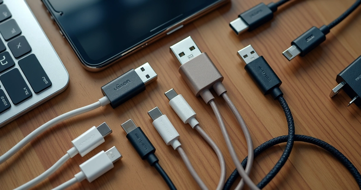 Cabos USB-C organizados em uma mesa de madeira