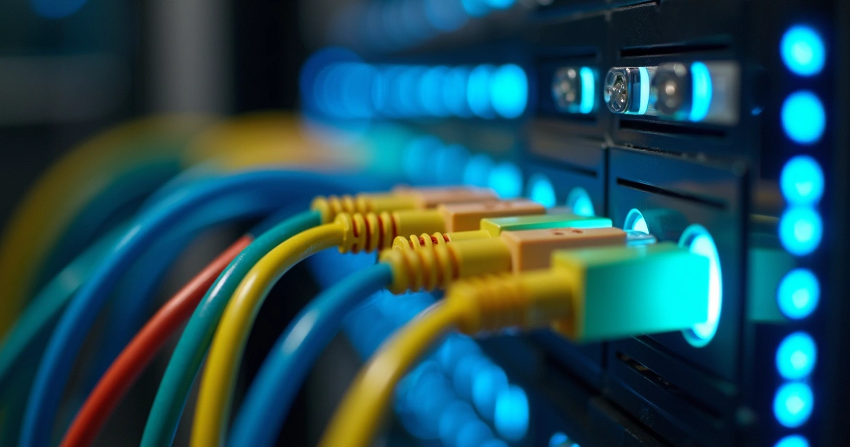 Cabos de fibra óptica coloridos conectados em servidor 