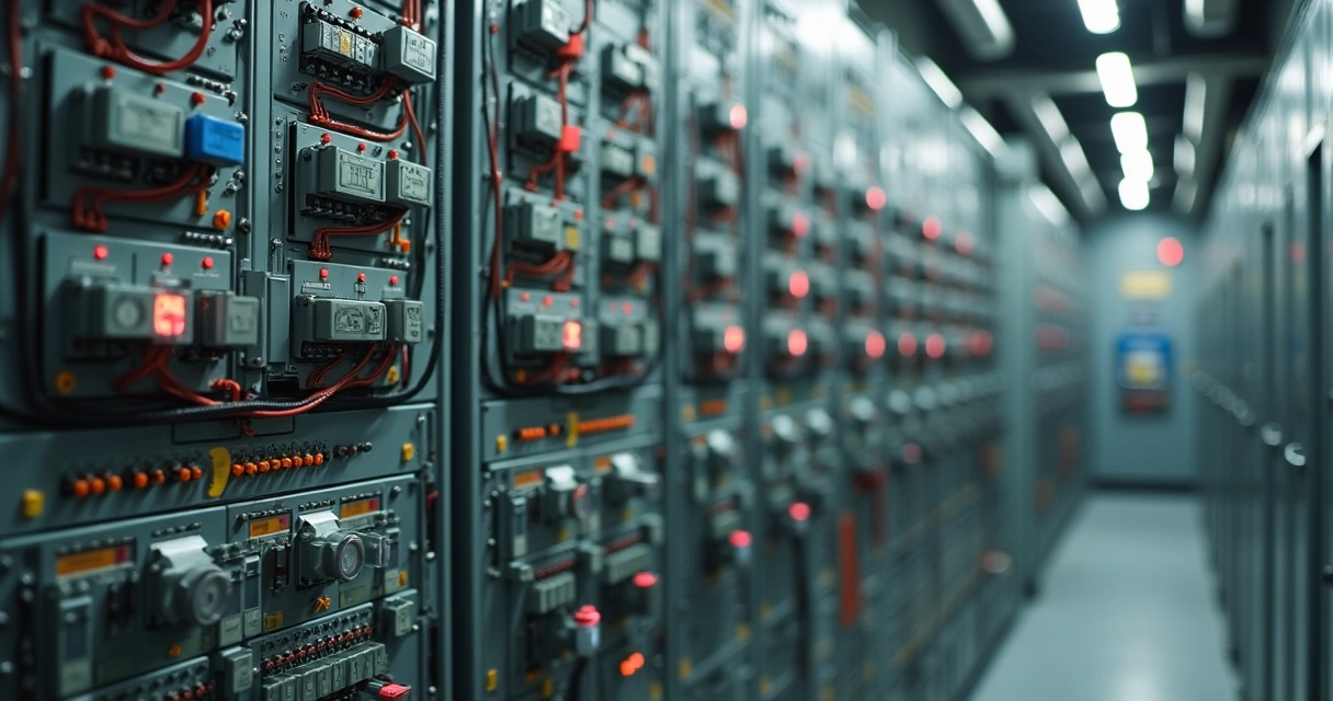 Cabos elétricos e equipamentos industriais em painel de subestação 