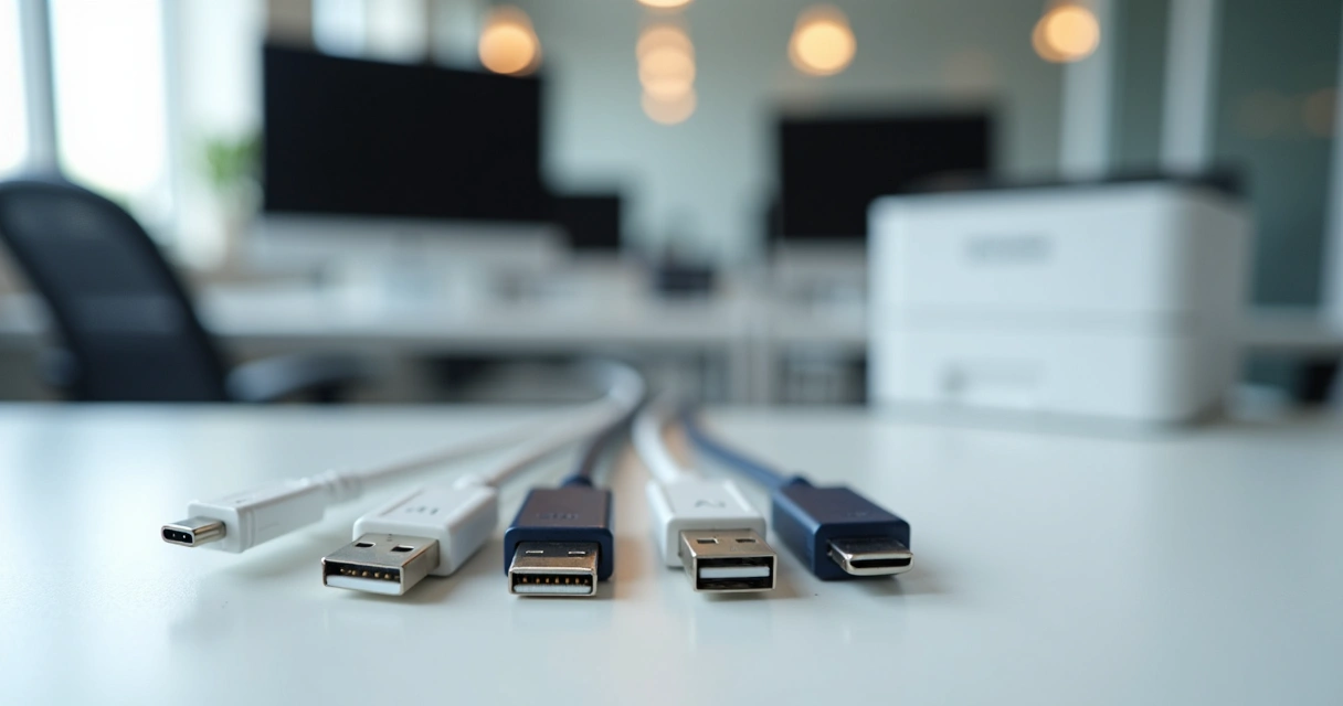 Cabos USB tipo A e B, filtro de linha e impressora em ambiente corporativo