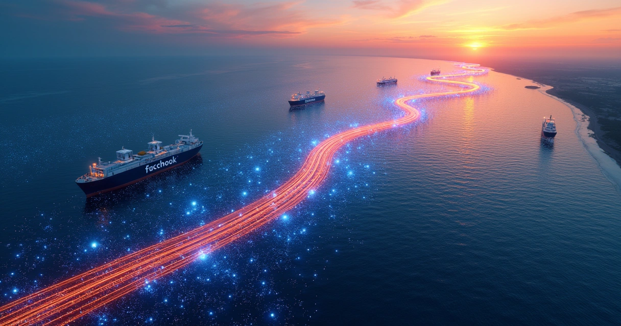Ilustração de cabos submarinos e rede de dados conectando os EUA à Indonésia sobre o fundo do oceano.