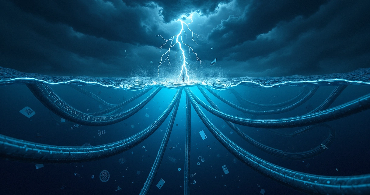 Ilustração de cabos submarinos cortados por sombras, simbolizando riscos à conectividade global.