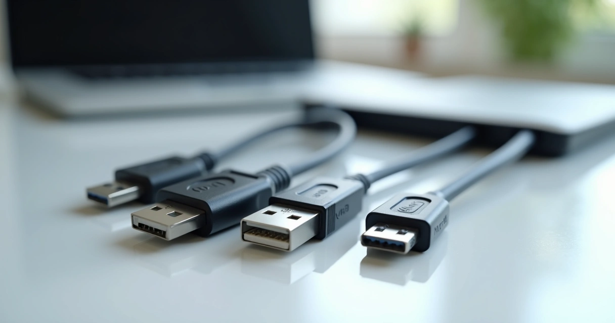 Vários cabos USB diferentes apresentados lado a lado, focando nas pontas tipo A e tipo B 