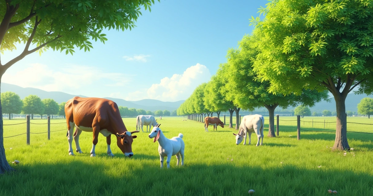 Vacas e cabras em área rural com moringa