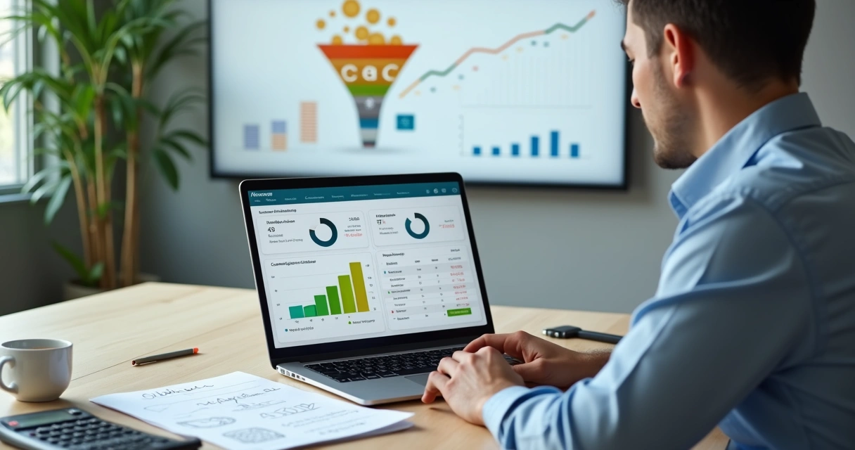 Analista financeiro somando custo de aquisição de clientes em painel com funil de vendas 