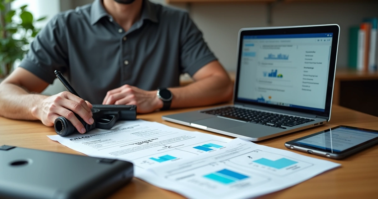 Empresário analisando certificado CAC físico ao lado do portal e-CAC em notebook 