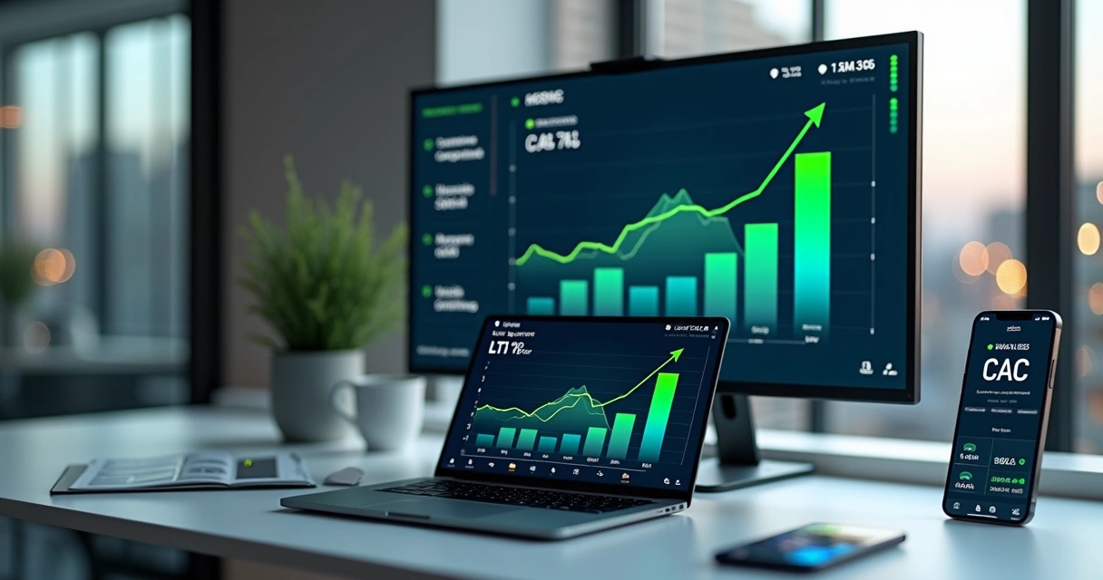 Gráfico de CAC em e-commerce em dashboard com carrinho de compras digital 