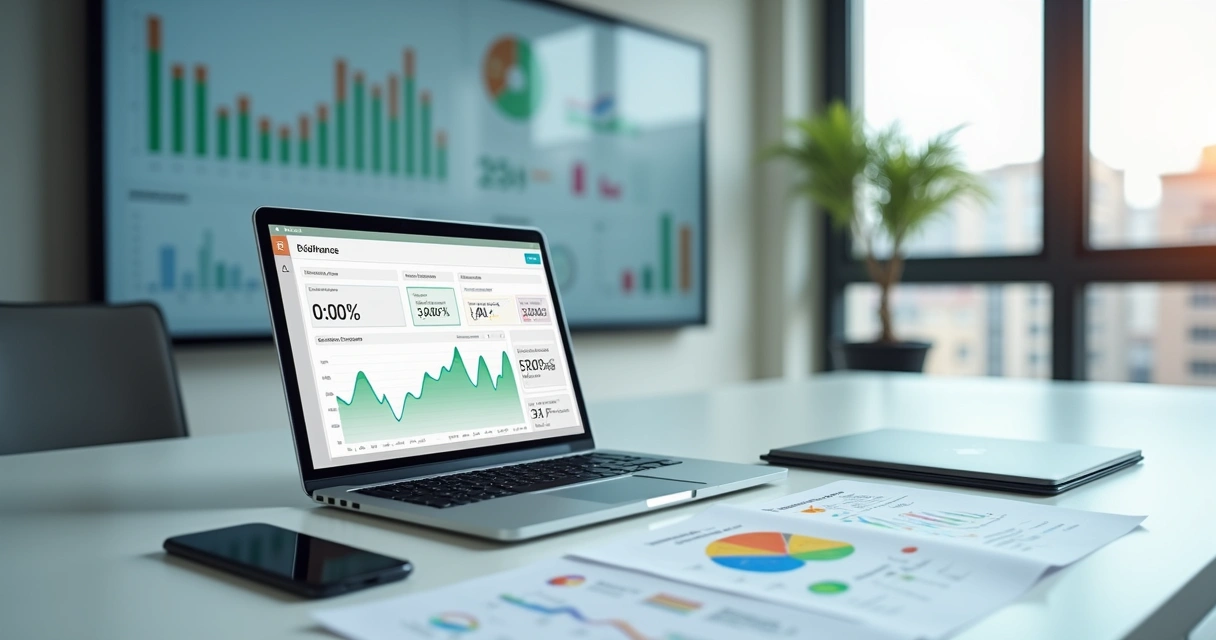 Gestor de e-commerce analisando CAC em gráfico de desempenho no laptop 