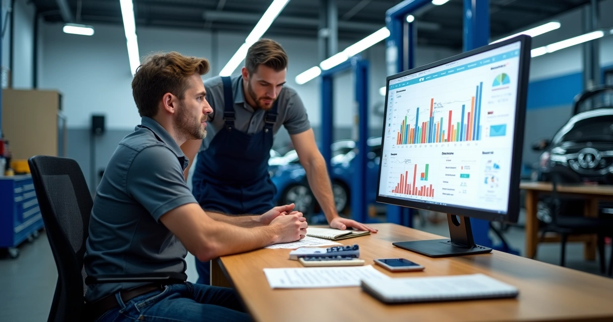 Mecânico e gestor analisando gráfico de CAC em oficina mecânica moderna 