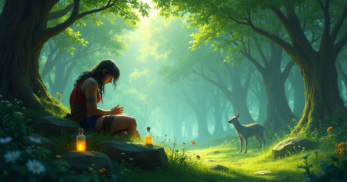 Personagem de Tibia descansando com poções de stamina ao redor em uma floresta detalhada 