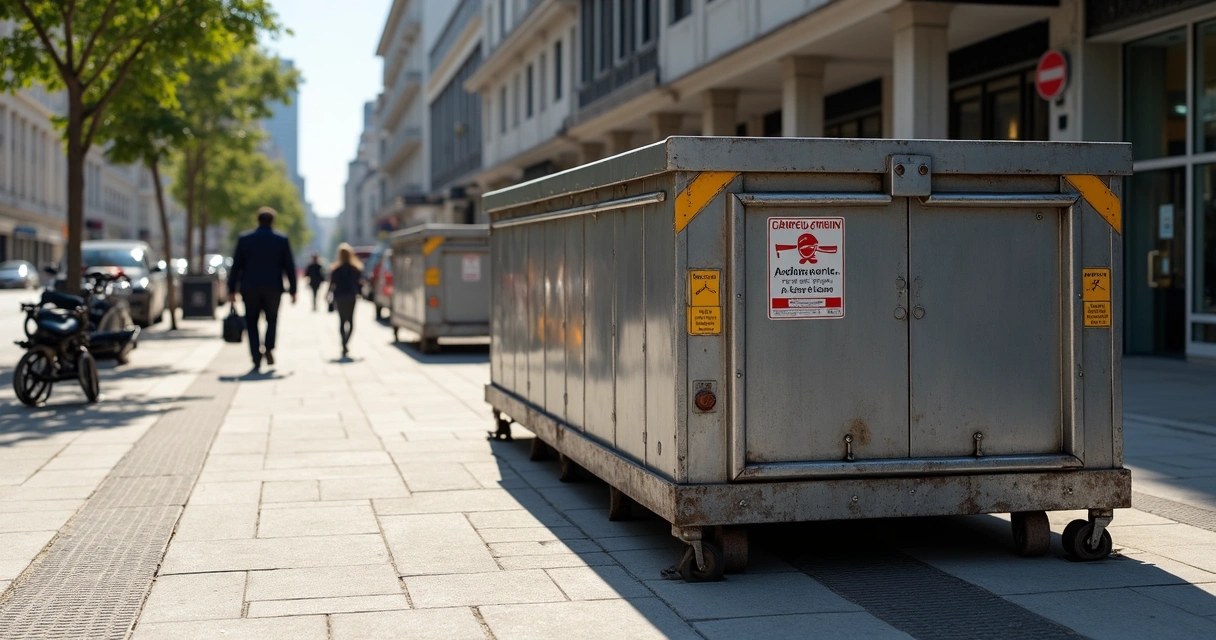 Caçamba regularizada com licença em calçada urbana 