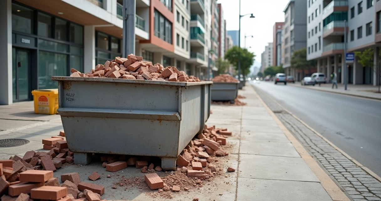 Caçamba estacionária em frente a uma obra urbana 