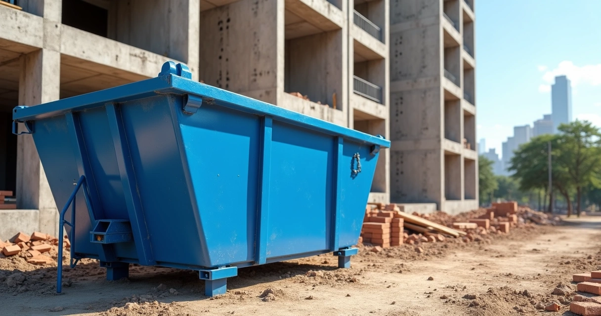 Caçamba de entulho em frente a uma obra em Brasília 