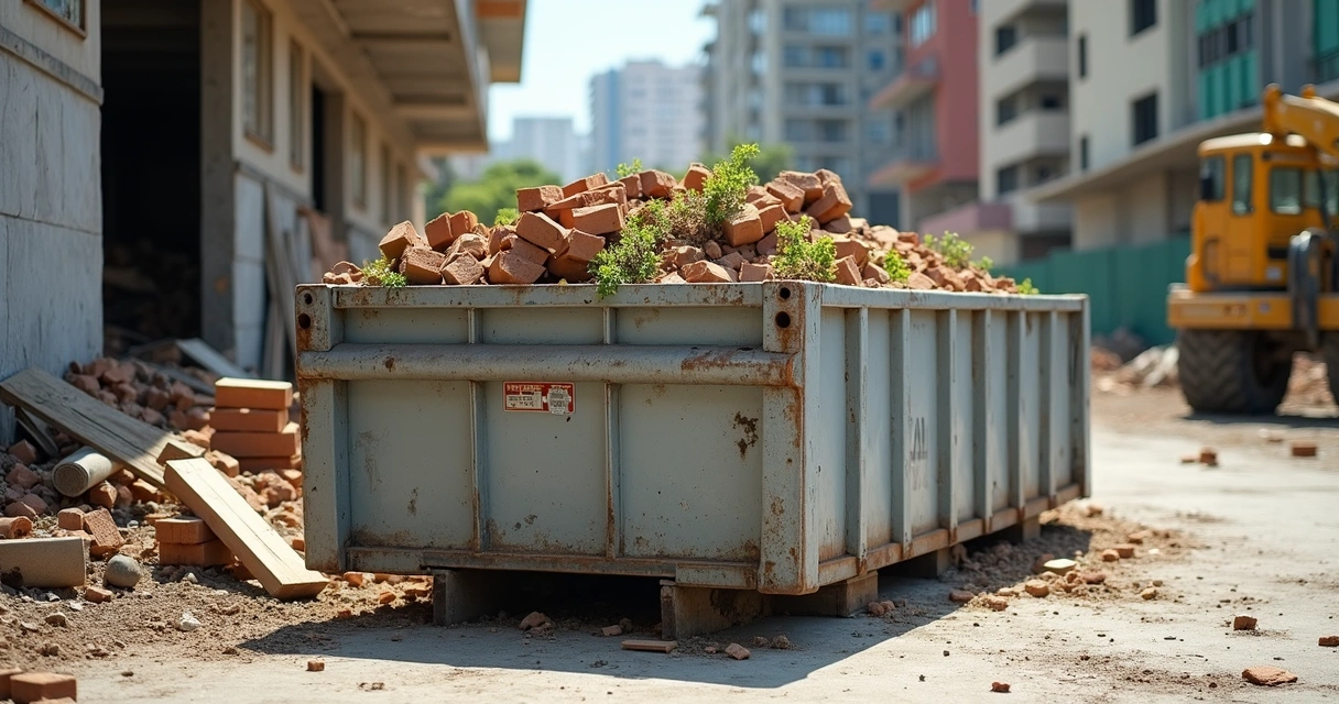 Caçamba estacionária instalada em uma obra urbana 
