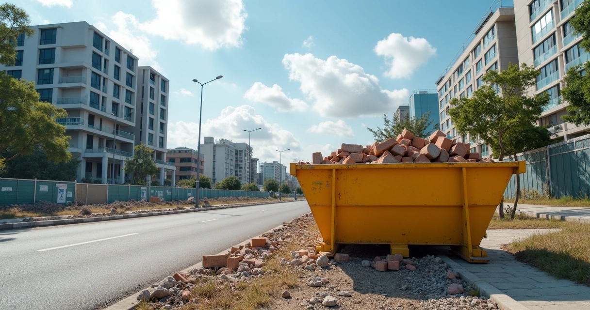 Caçamba de entulho posicionada na rua em frente a uma obra em Brasília