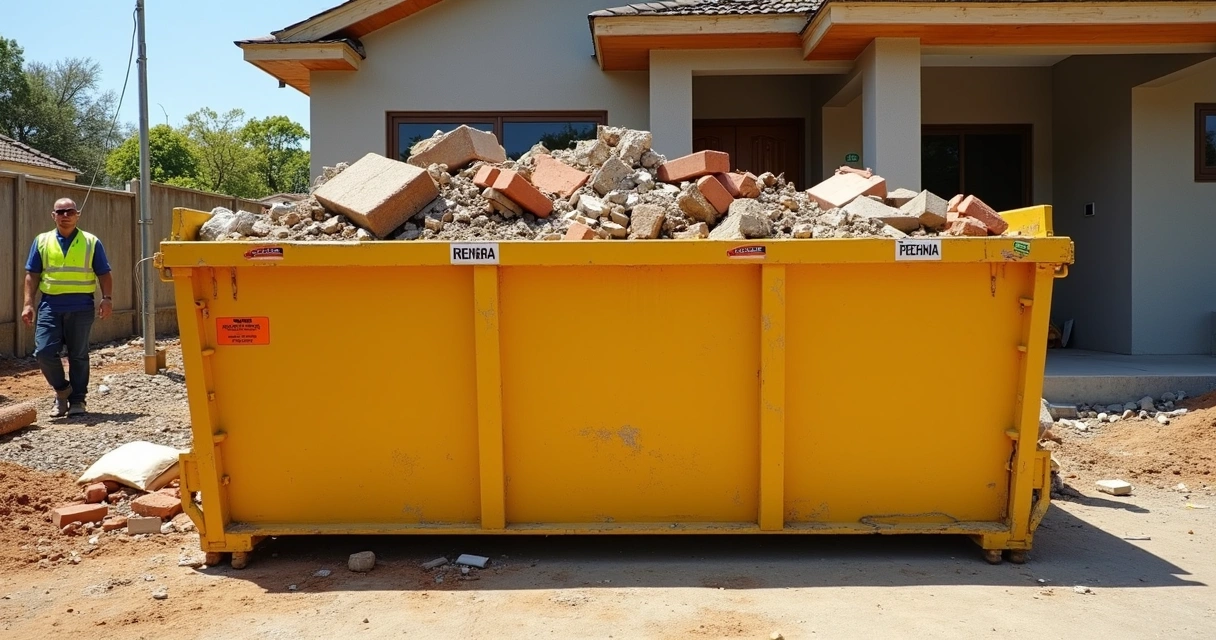 Caçamba de entulho em frente a obra, com resíduos de construção e galhos de poda. 