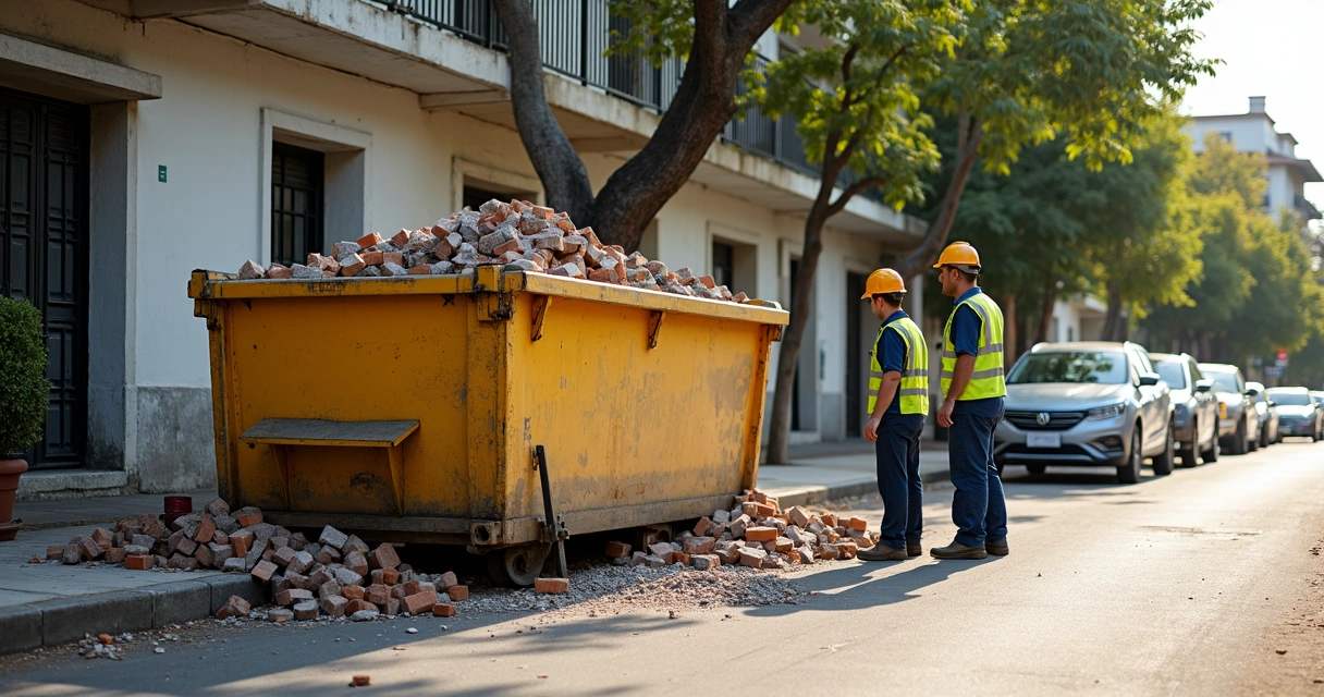 Caçamba estacionada em obra na rua, cheia de resíduos de construção civil, trabalhadores próximos e edifícios residenciais ao fundo 