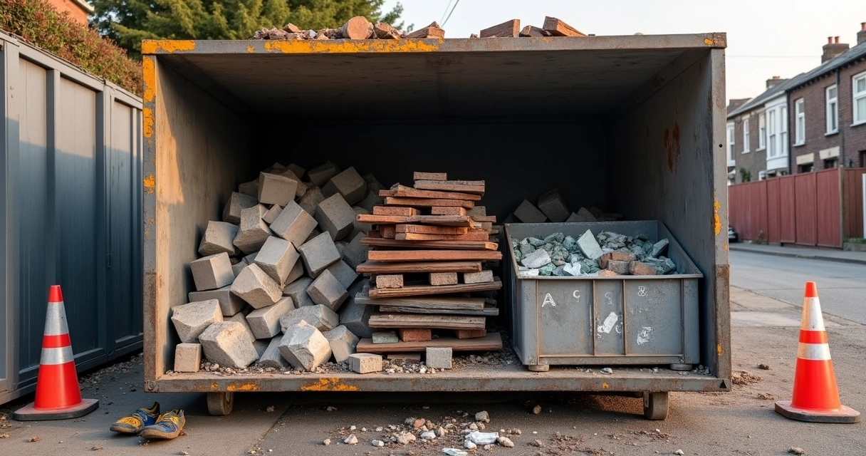 Caçamba com materiais de demolição separados 