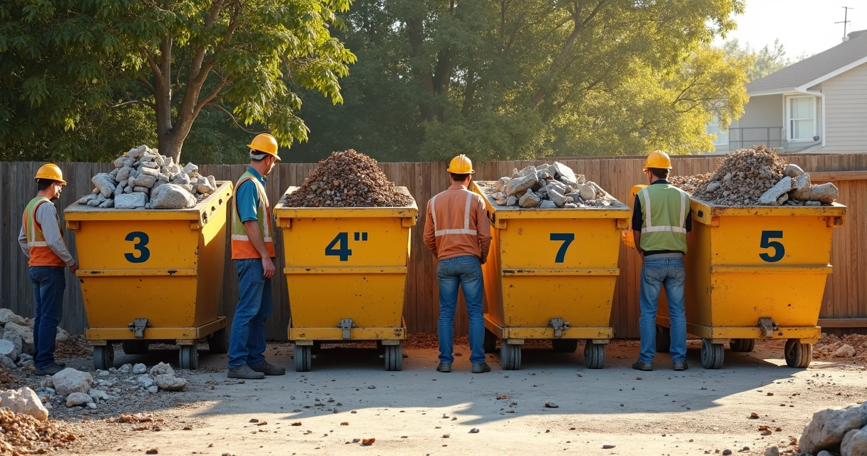 Diferentes tamanhos de caçamba lado a lado em um canteiro de obras