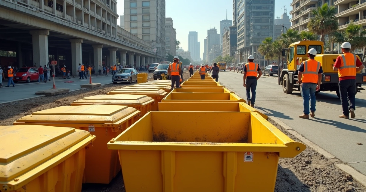 Caçambas para entulho alinhadas em obra urbana 