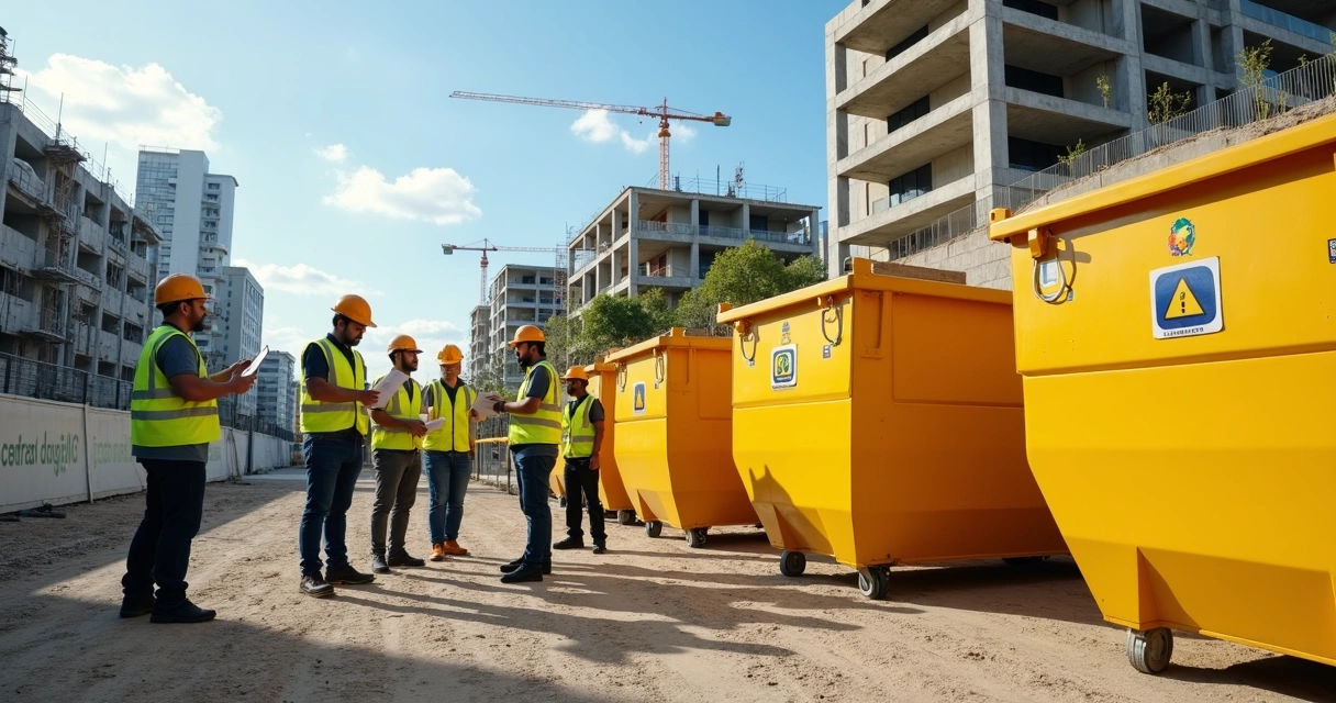 Caçambas de entulho alinhadas em canteiro de obras com fiscalização ambiental ao fundo 