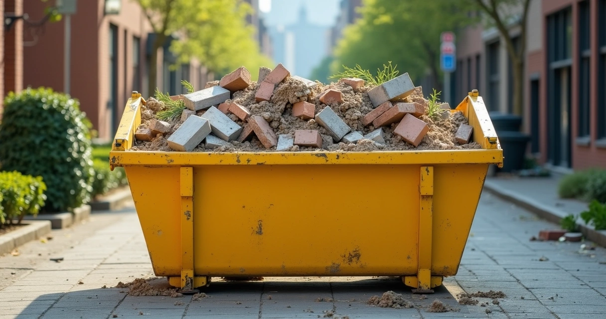 Uma caçamba amarela recebendo resíduos de construção, galhos e restos de obras, estacionada em uma rua urbana clara. 