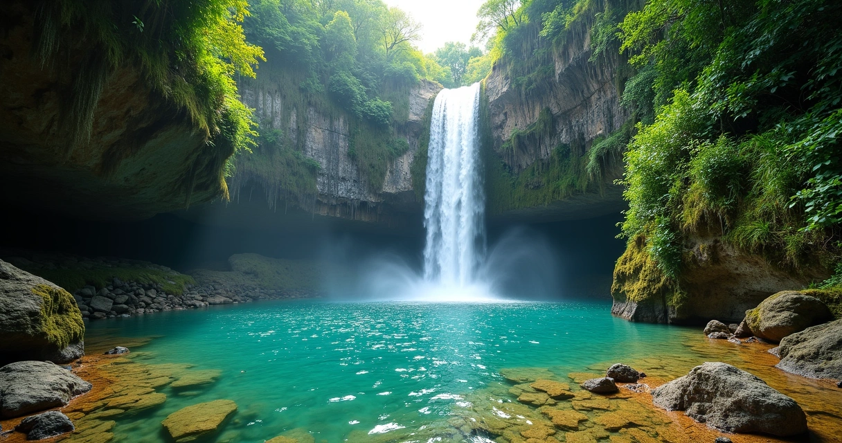 Cachoeira de águas azuis na Chapada dos Veadeiros, rodeada por vegetação verde e paredões de rocha 