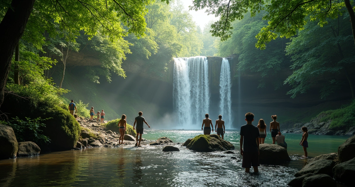 Trilha na floresta termina em cachoeira pequena com pessoas admirando