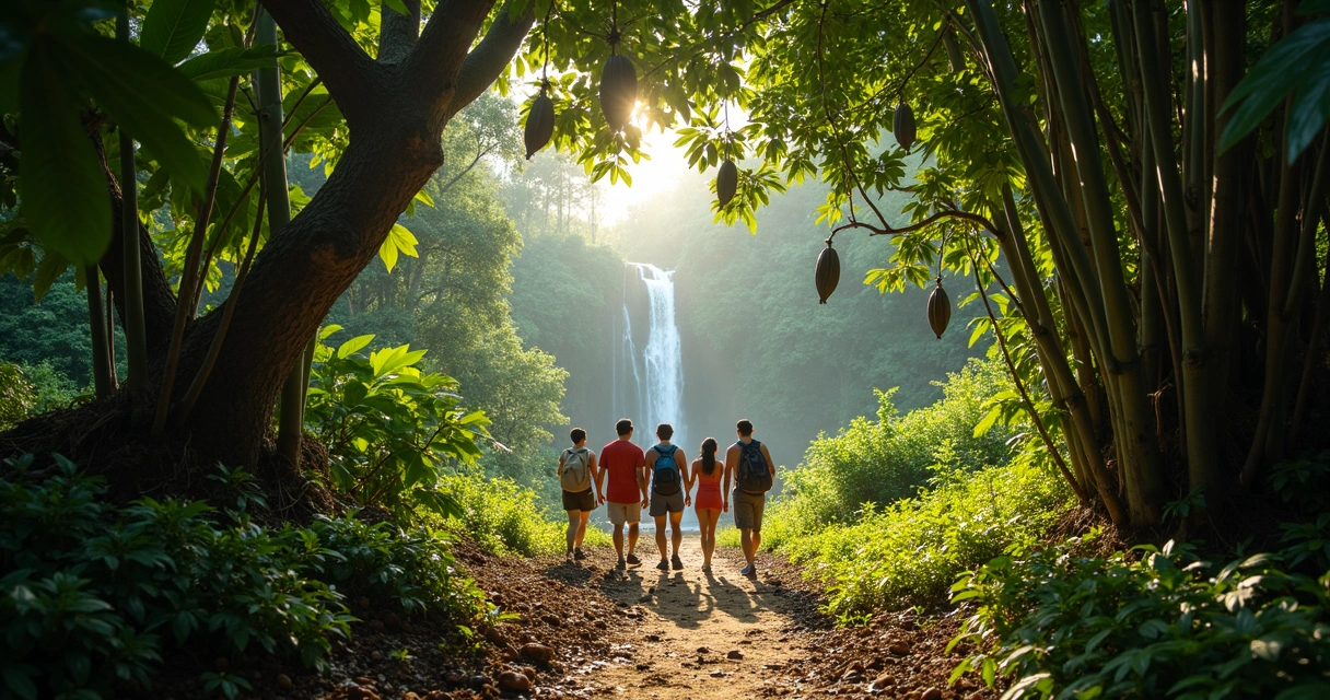 Cachoeira em fazenda de cacau com vegetação tropical e trilha de turistas 