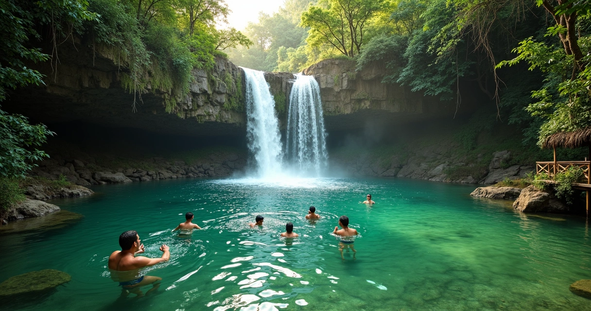 Cachoeira do Formiga no Jalapão, água verde-esmeralda, pessoas nadando.