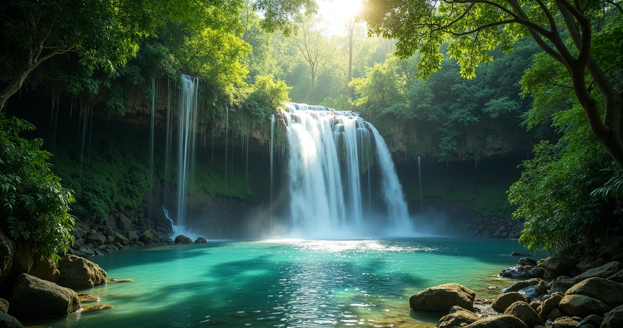 Cachoeira cercada por vegetação de Mata Atlântica com poço para banho 