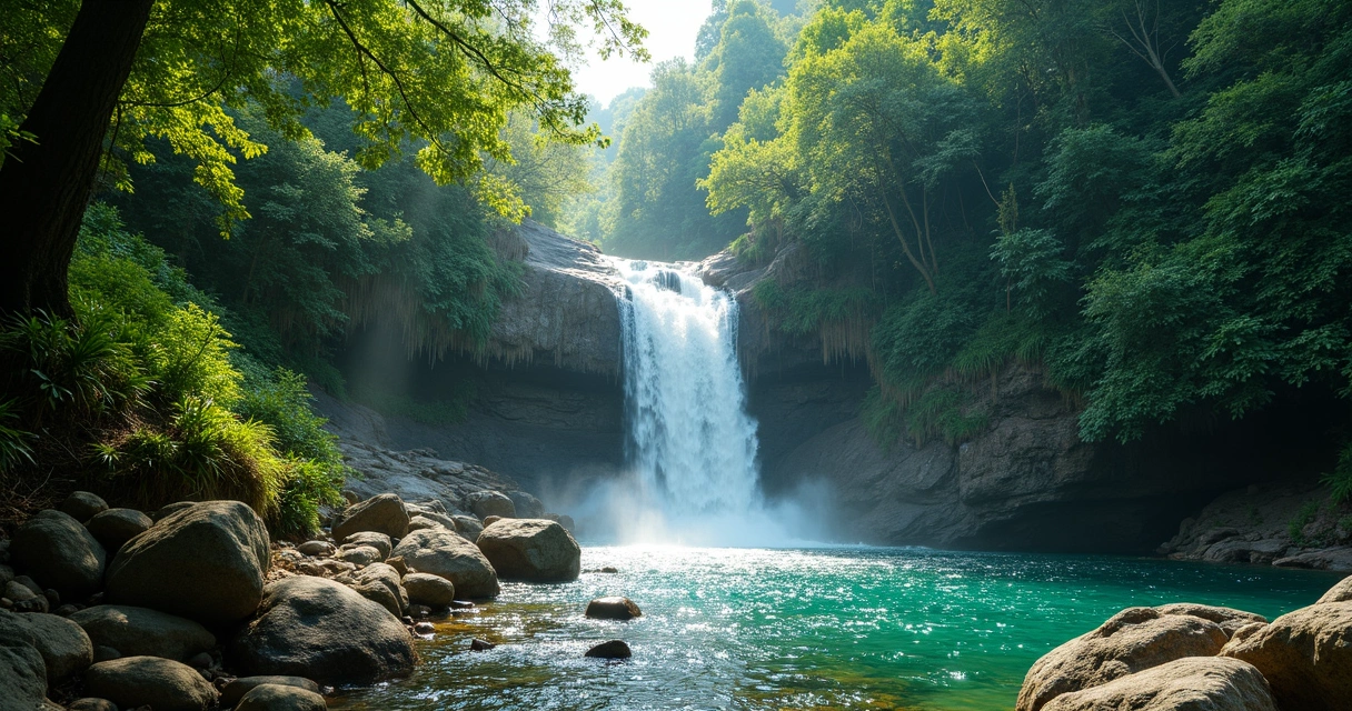 Cachoeira cercada por árvores da Mata Atlântica perto de Ilhéus 