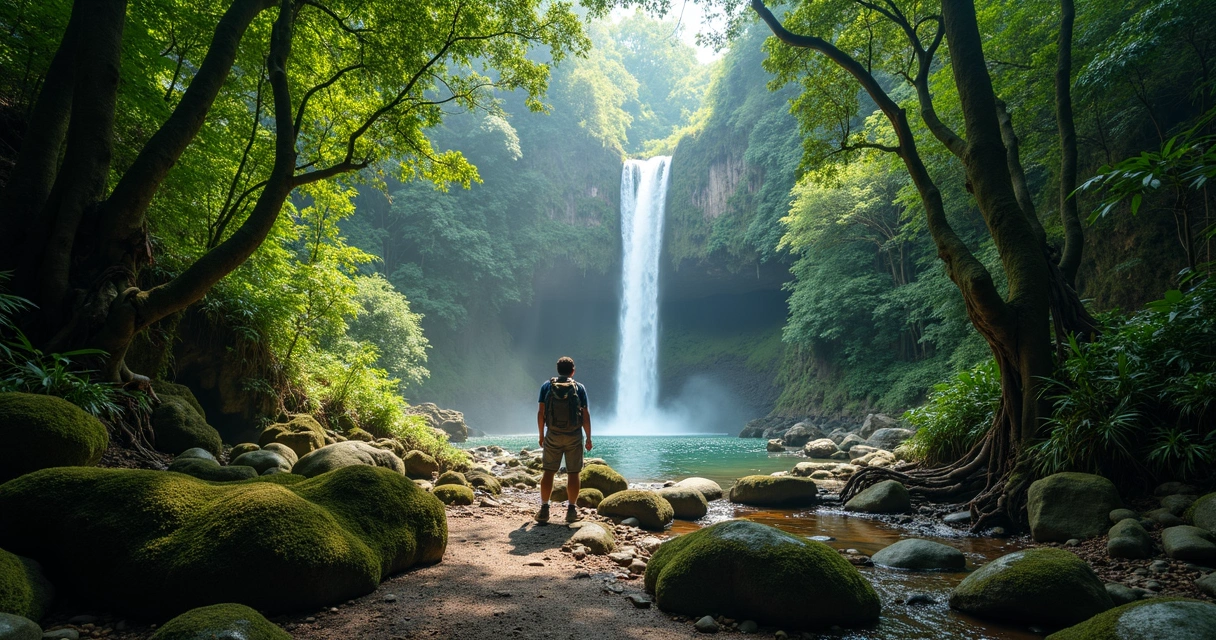 Trilha em Serra Grande com cachoeira e viajante solitário