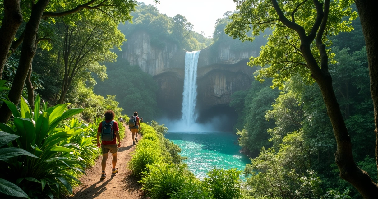 Trilha em floresta com cachoeira ao fundo e turistas caminhando. 