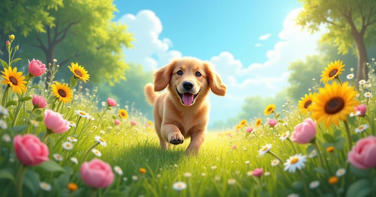 Cachorra golden retriever brincando em um campo com flores coloridas sob um céu azul.