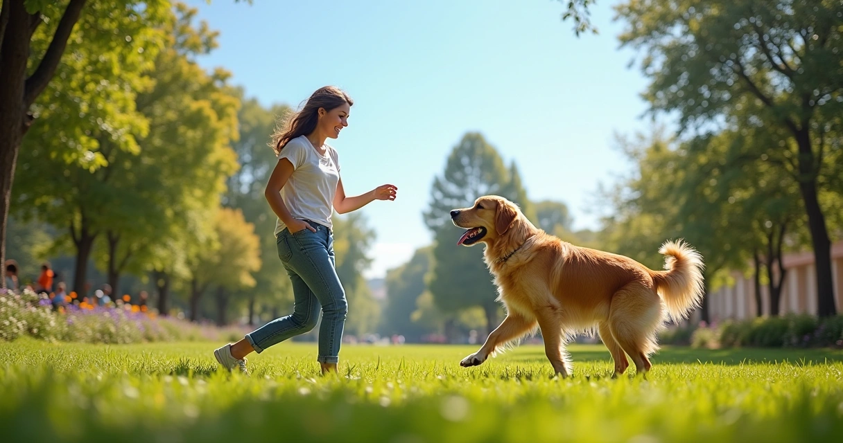 Cena alegre em um parque com uma mulher chamando sua cachorra golden retriever sob um céu azul.