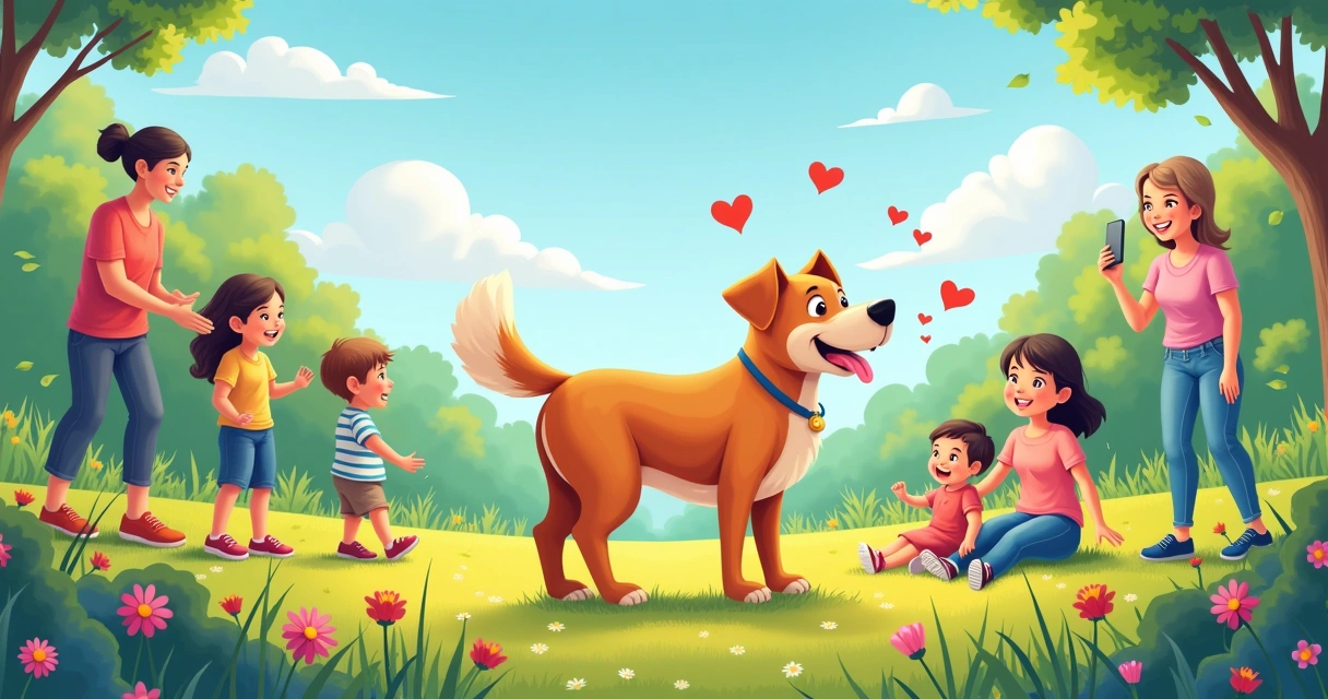 Cachorra caramelo com pessoas felizes em um parque, simbolizando amor e adoção responsável.