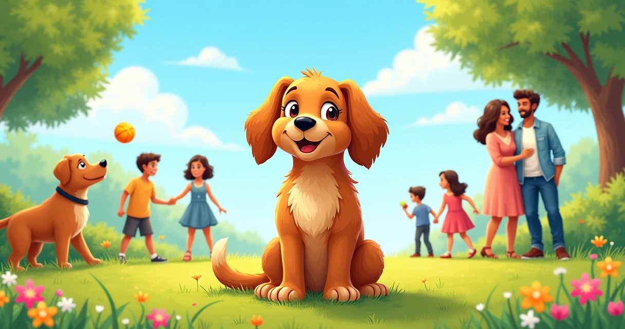 Ilustração de uma cachorra caramelo feliz cercada por pessoas em um parque ensolarado, simbolizando amor e diversidade.