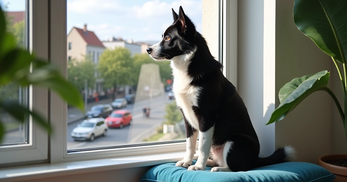Cachorro observando pela janela de um apartamento 