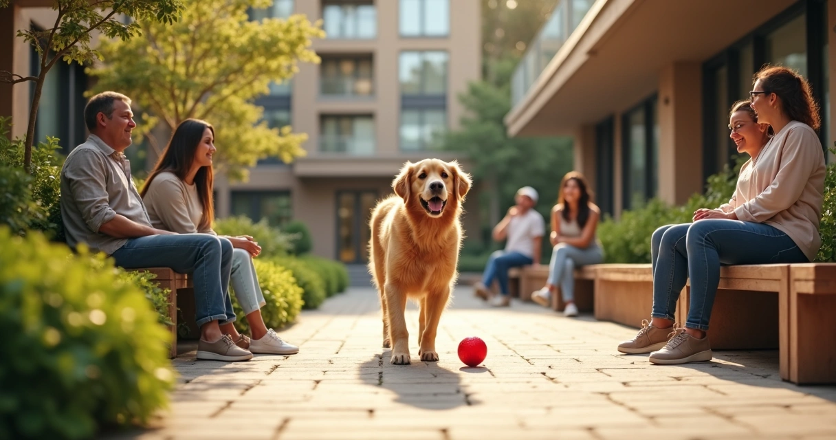 Cachorro brincando em área comum de condomínio com pessoas. 