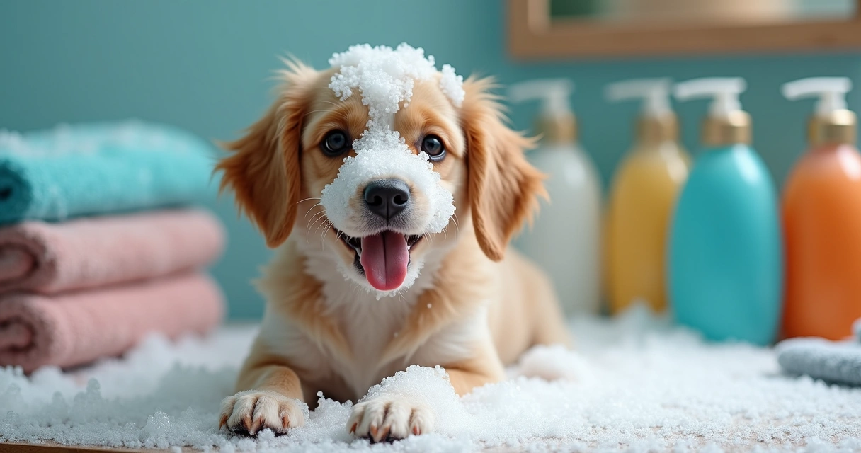 Cachorro ensaboado com bolhas brilhando ao redor, toalhas e produtos ao fundo.