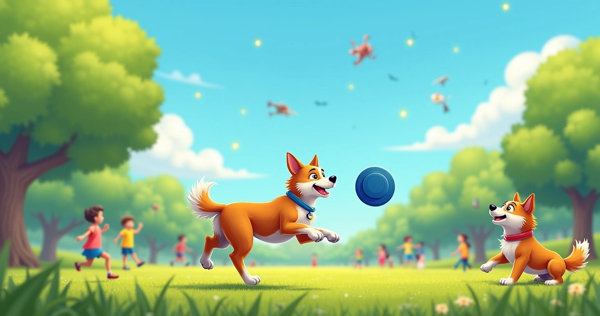 Cão brincando em parque ensolarado com nomes populares como Max e Buddy flutuando ao redor.